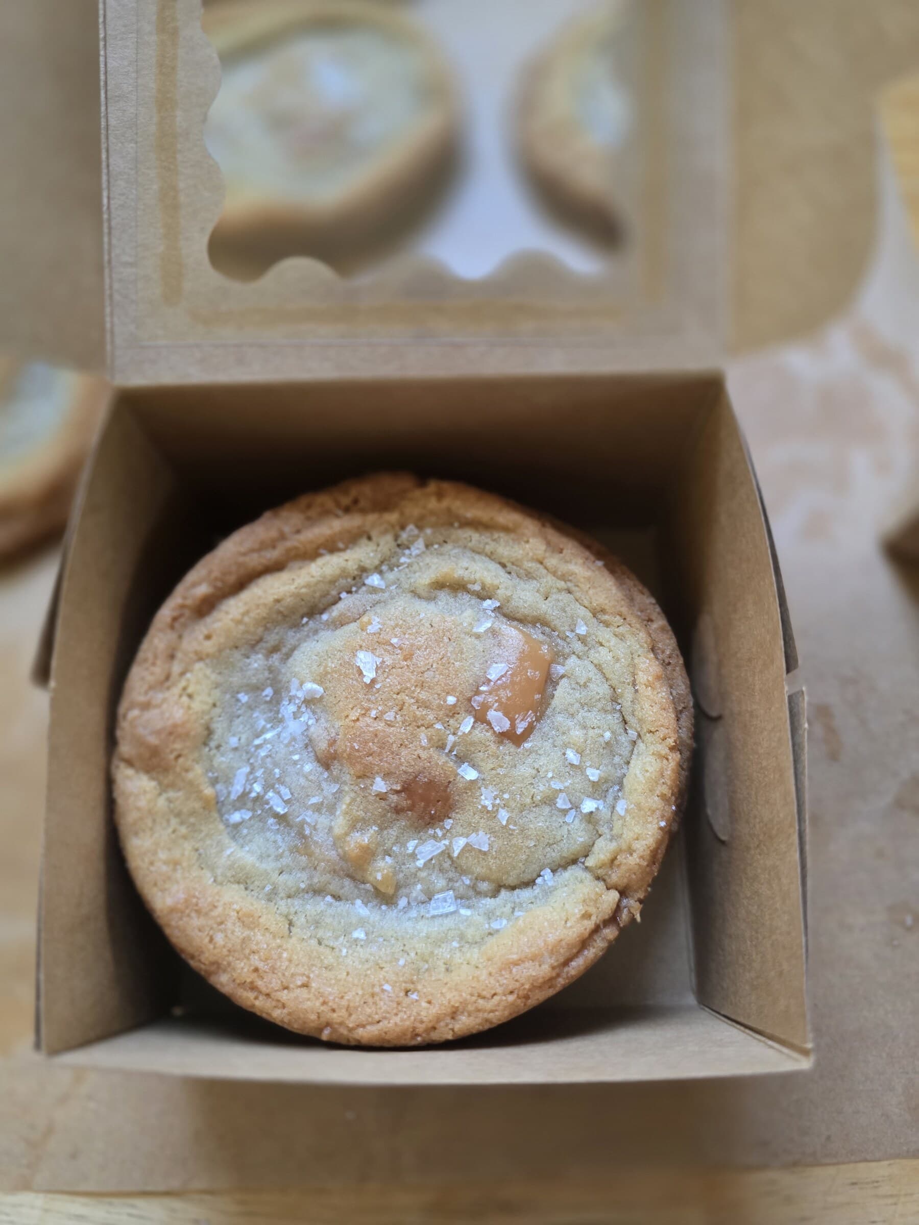 A single golden sweet roll dusted with sugar in a bakery box.